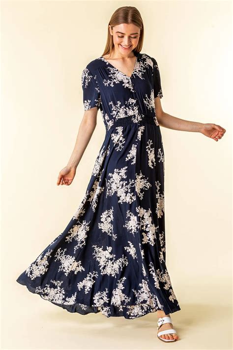 Floral Print Shirred Waist Maxi Dress In Navy Roman Originals Uk Maxi Dress Dresses