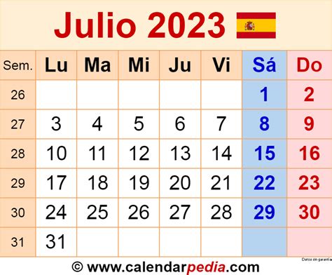 Calendario Julio 2023 En Word Excel Y Pdf Calendarpedia
