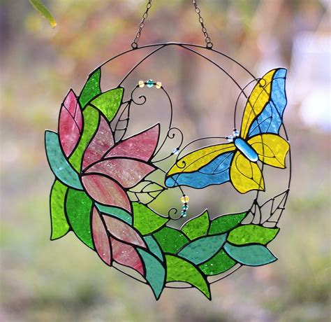 Stained Glass Art Suncatcher Window Panel Butterfly With Etsy Stained Glass Butterfly Glass