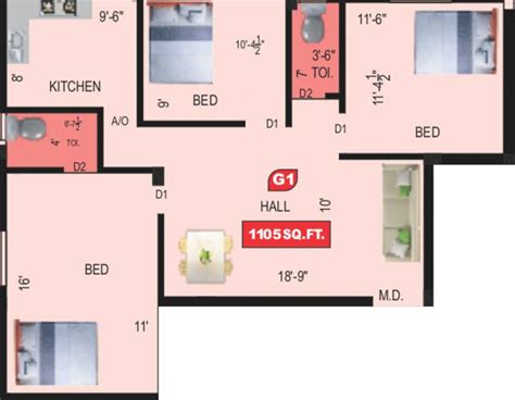 1105 Sq Ft 3 Bhk Floor Plan Image Vgk Builders Samudra Available For