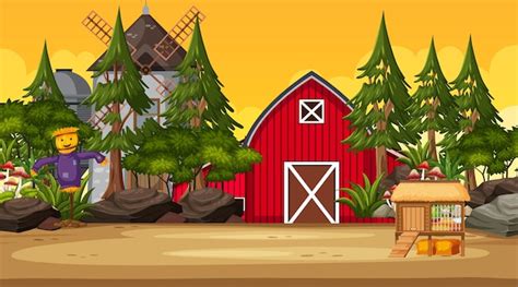 Premium Vector Empty Farm At Sunset Time Scene With Red Barn And Windmill