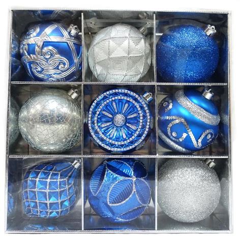 Home Accents Holiday 130 Mm Blue And Silver Ornament Set 9 Count C