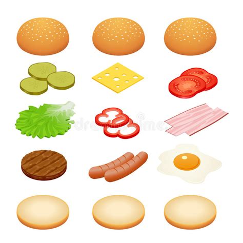 Burger Isometric. Burger Ingredients On White Backgrounds. Ingredients For Burgers And ...