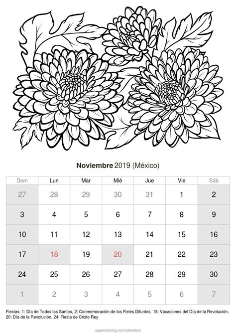 Calendario Noviembre 2019 Para Imprimir México