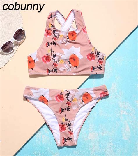 Cobunny Sexy High Neck Bikini Set Women Swimwear Push Up Swimsuit Biquini Floral Print Back
