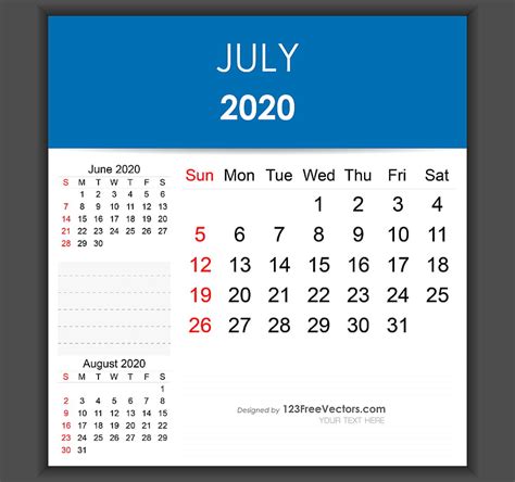 Editable July 2020 Calendar Template Eps Ai Vector Uidownload