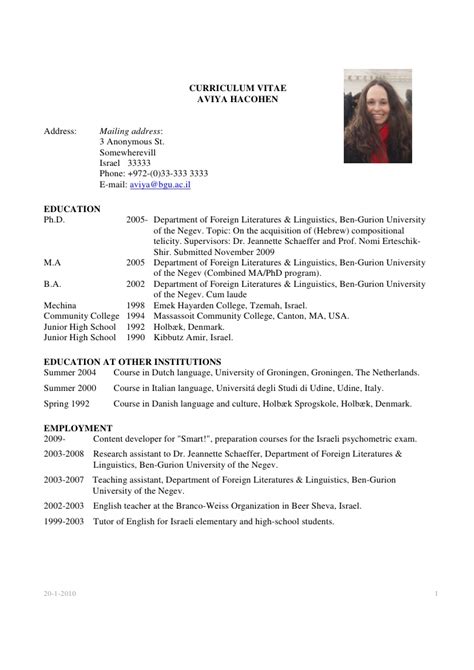 A curriculum vitae, or cv, includes more information than your typical resume, including details of your education and academic achievements, research, publications, awards, affiliations, and more. Academic CV example
