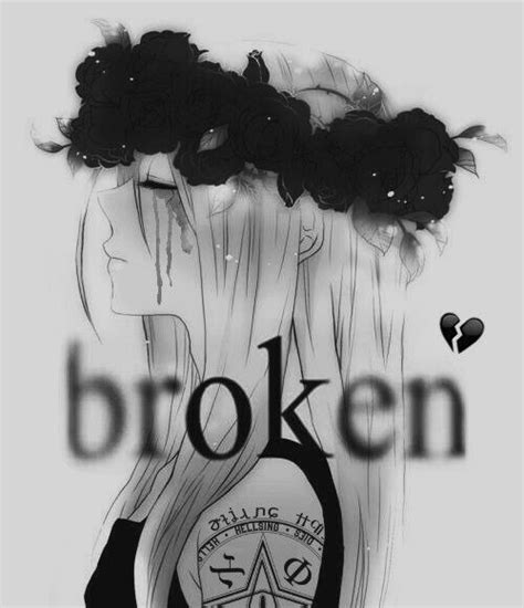 Broken Lonely Sad Flowercrown Girl Anime Blackandwhite