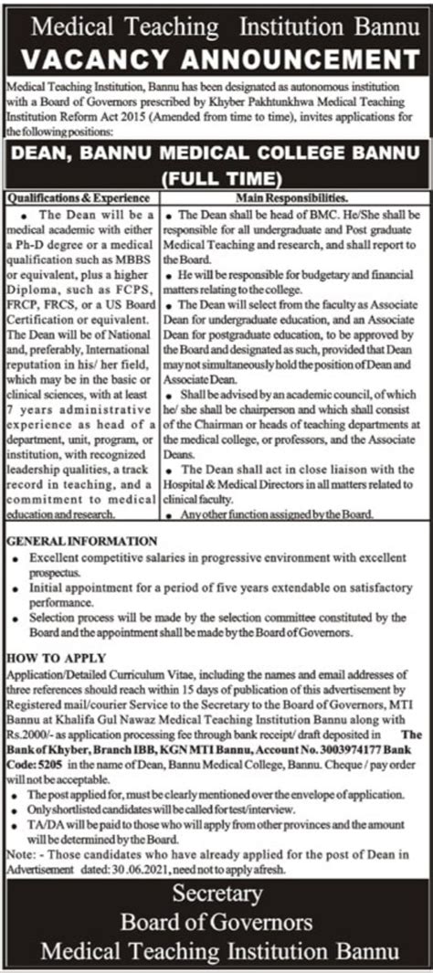 Dean Jobs 2022 For Bannu Medical College BMC MTI 2024 Job Advertisement