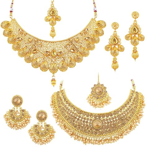 buy sukkhi glamorous lct gold plated wedding jewellery pearl choker necklace set combo for women