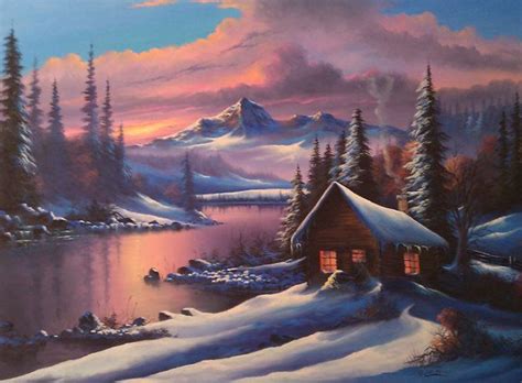 Morning Calm 2002 36x48 By Lionel Dougy Cabin Art Winter Painting