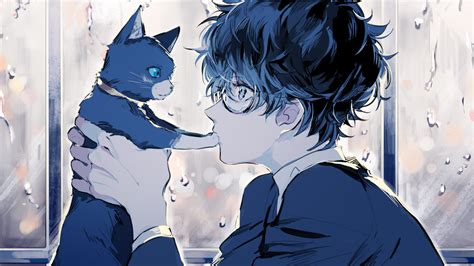 Persona 5 Kurusu Akira Anime Boy Cat Glasses Profile Cute Blue