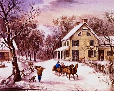 American Homestead In Winter Sleigh Ride Counrty Painting Art Real