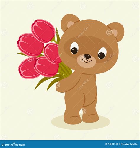 Teddy Bear Holding A Bouquet Of Flowers Stock Vector Illustration Of