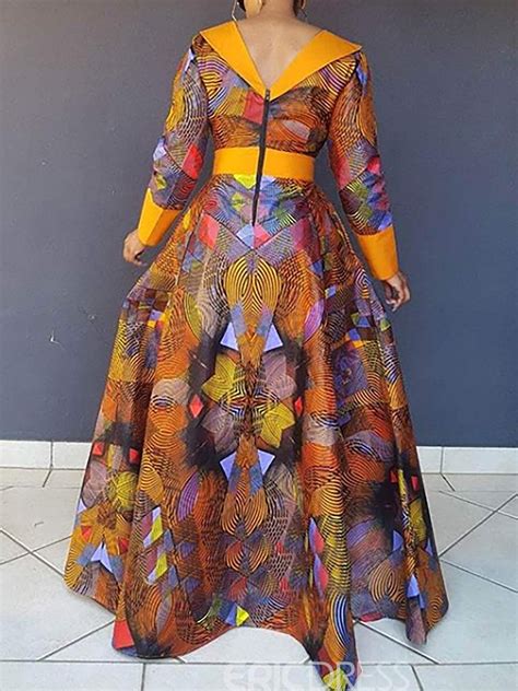 Ericdress Long Sleeves Geometric Print Floor Length Womens Dress Long African Dresses