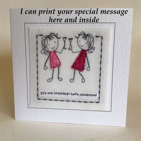 Sewn Twin Birthday Card Your Words Can Be Printed Top And Etsy Uk