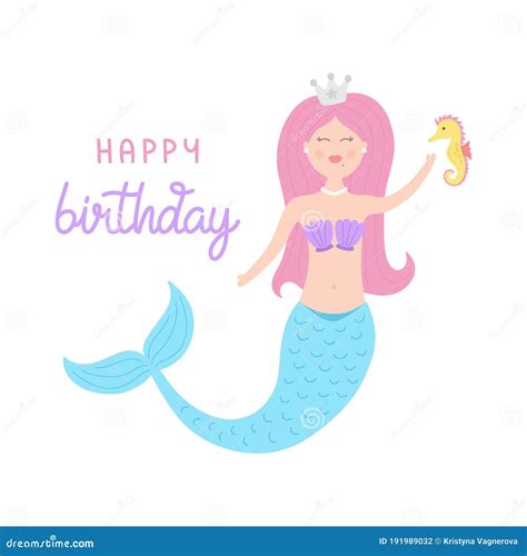 Happy Birthday Mermaid Underwater Vector Illustration Stock Vector