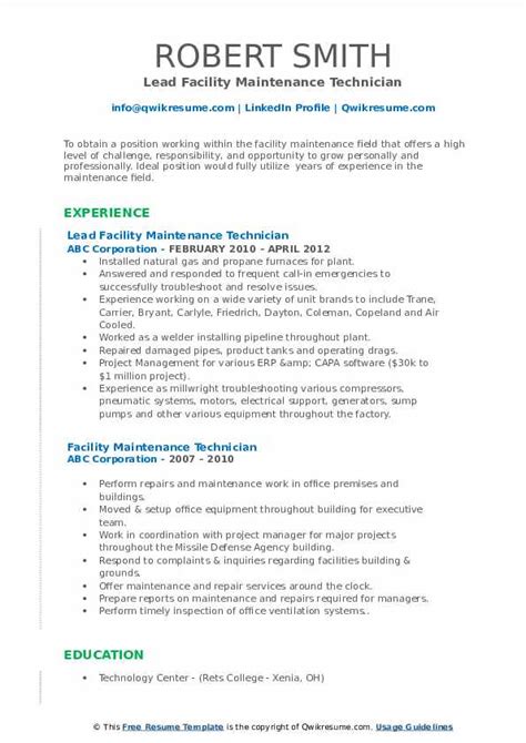 Facility Maintenance Technician Resume Samples Qwikresume