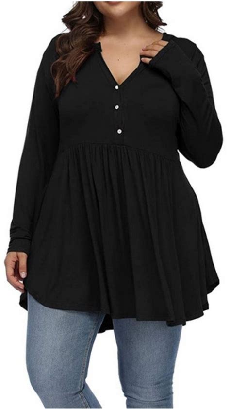 Allegrace Womens Plus Size Henley V Neck Button Tunic Tops Long Sleeve