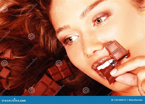 Young Fresh Beautiful Woman Eating Chocolate Beauty Female Face Stock Image Image Of Candy