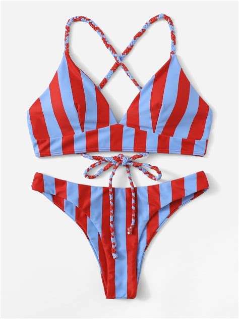 Striped Criss Cross Top With Low Rise Bikini Set Romwe Low Rise