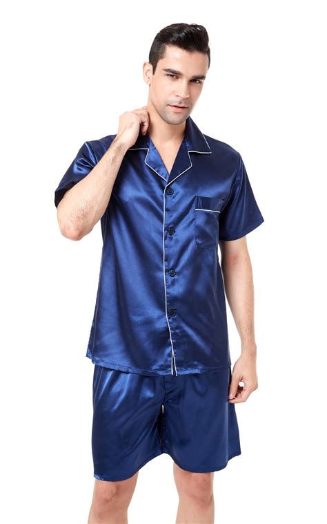 Mens Silk Satin Pajama Set Short Sleeve Navy Blue With White Piping