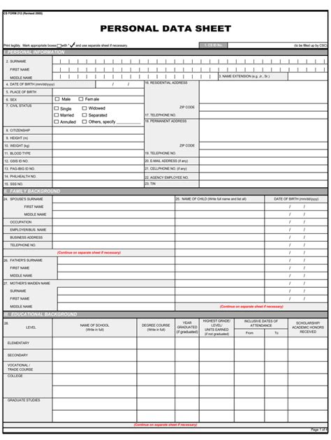 Personal Data Sheet Form Printable Printable Forms Free Online