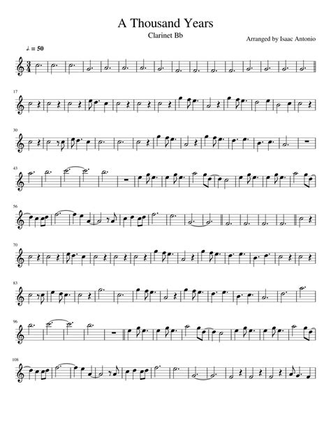 a thousand years clarinet bb sheet music for piano solo