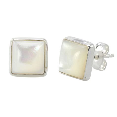 Mother Of Pearl Gemstone Earrings Sterling Silver 9mm Square