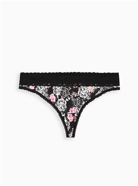 Plus Size Black Floral Wide Lace Cotton Thong Panty Torrid