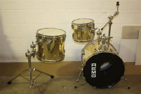 Vintage 1980s Remo Quadura 3 Drum Gold Wrap Drum Kit Set 20in Bass