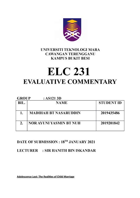 ELC 231 Evaluative Commentary UNIVERSITI TEKNOLOGI MARA CAWANGAN