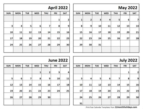 Print April To July 2022 Calendar Template 4 Month Calendar