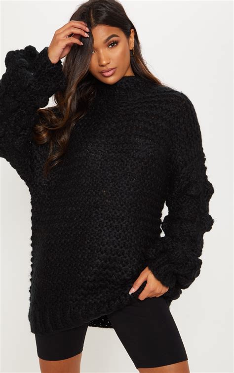black oversized jumper knitted knitwear prettylittlething