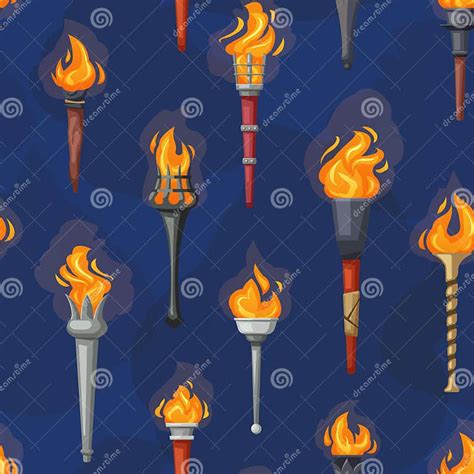 Medieval Burning Cartoon Torches Pattern Different Shaped Torch Lights