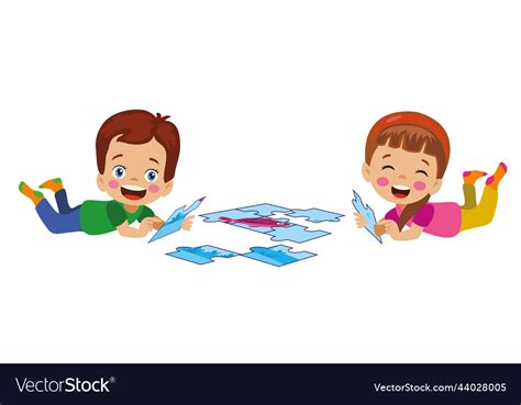 Cute Kids Doing Puzzles Helping Each Other Vector Image