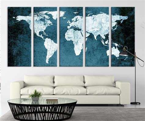Green World Map Turquoise Grunge Wall Art World Map Canvas Print 5