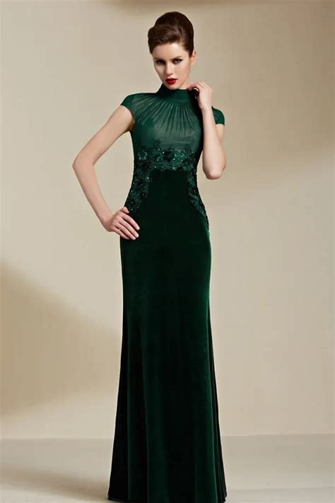 Elegant Dark Green Velvet High Neck Appliques A Line Long Prom Evening Gown 2015 Vestidos Long