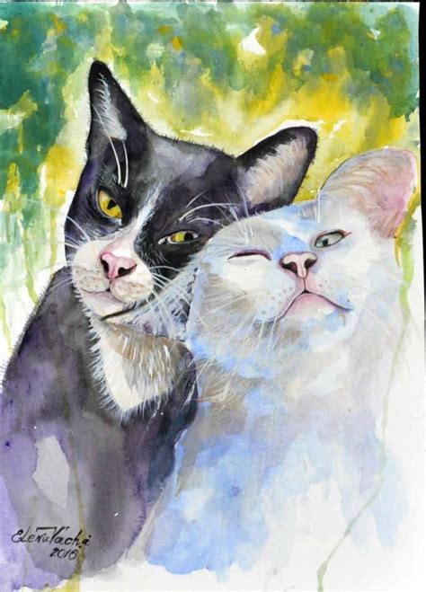 Two Romantic Cats Original Watercolor Painting Animals Pets Art 10 X14