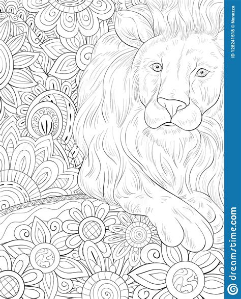 Adult Coloring Bookpage A Cute Lion On The Floral
