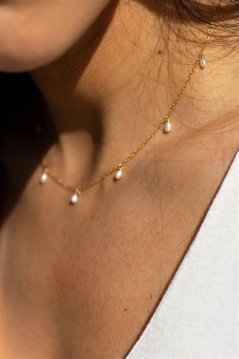 Dainty Pearl Necklace Tiny Freshwater Pearl Drops On A Etsy