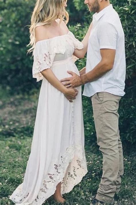 Maternity Solid White Lace Off Shoulder Dress In 2021 Photoshoot Dress Off Shoulder Dress