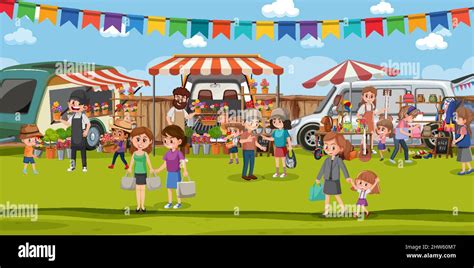 Flea Market Scene In Cartoon Style Illustration Stock Vector Image