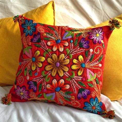 Hand Embroidered Cushion Cover Red Color Peruvian Wool Floral