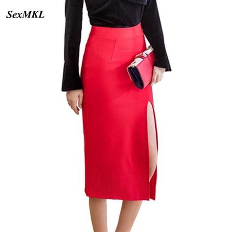 Sexmkl Summer High Slit Sexy Pencil Skirt Women Red Elegant Empire Slim Ol Black Midi Skirts