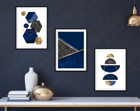 Set Of 3 Navy Blue And Gold Wall Art Blue And Gold Wall Art Etsy