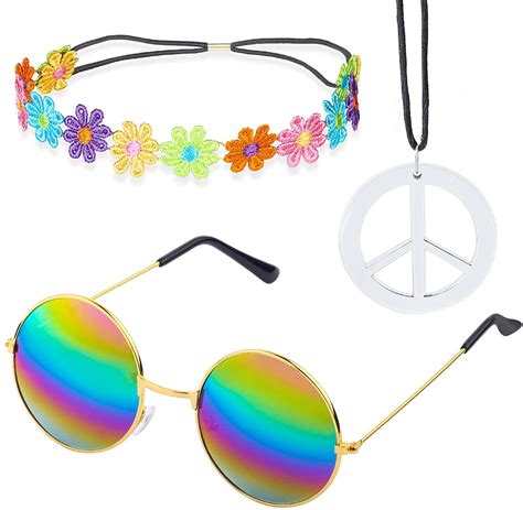 keyecu women hippie costume set 60 s 70s style retro vintage glasses peace sign necklace