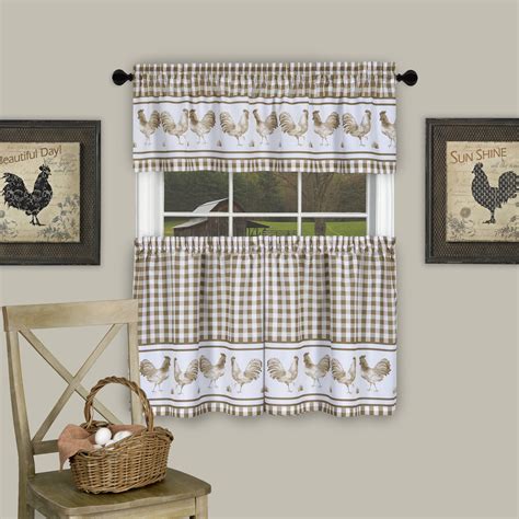 Country Home Plaid Rooster Kitchen Curtain Tier And Valance Set 24 In L