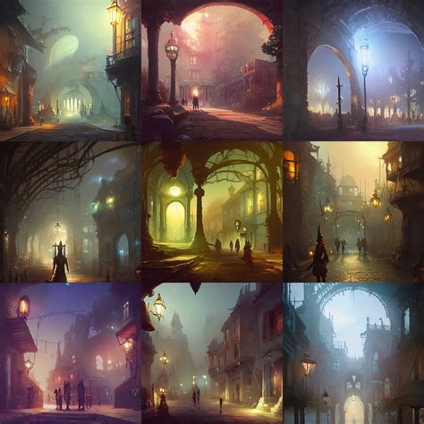 colonial town festival, archways, light dust, by peter | Stable