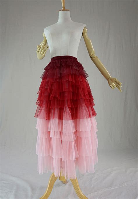 Tiered Long Tulle Skirt Red Pink High Waisted Layered Party Tulle Skirt